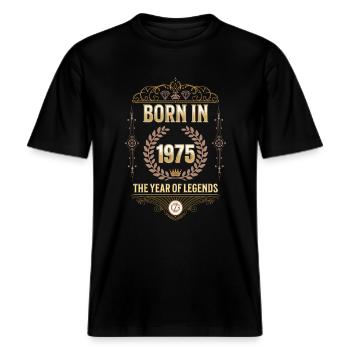 Né en 1975 – L’Année des Légendes Idée cadeau -  T-shirt unisexe RELAXED FIT en coton bio - noir - Devant - Alina (178cm) & Michal (187cm)