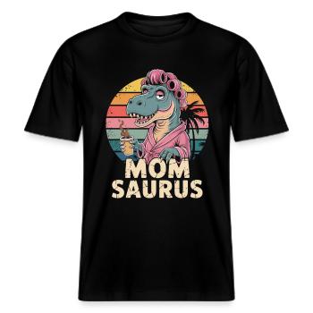 Lustiges Dinosaurier Mama Shirt -  RELAXED FIT Unisex Organic T-Shirt - Schwarz - Vorne - Alina (178cm) & Michal (187cm)