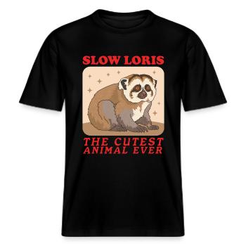 Plumploris Plumplori Slow Lorises Geschenk -  RELAXED FIT Unisex Organic T-Shirt - Schwarz - Vorne - Alina (178cm) & Michal (187cm)