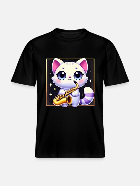 Cute Saxophone Cat Cartoon Design -  RELAXED FIT Unisex Organic T-Shirt - black