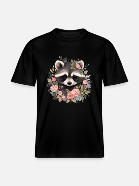 Raccoon Floral Funny Gift - RELAXED FIT Unisex Organic T-Shirt - black