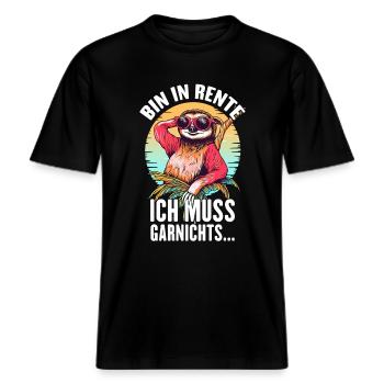 Bin In Rente Ich Muss Garnichts Rentner Faultier -  RELAXED FIT Unisex Organic T-Shirt - Schwarz - Vorne - Alina (178cm) & Michal (187cm)