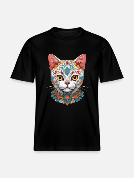 Cat Iconic Sugar Skull Mexican -  RELAXED FIT Unisex Organic T-Shirt - black