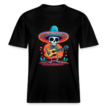 Mexican mariachi skeleton guitarist -  RELAXED FIT Unisex Organic T-Shirt - black - Front - Alina (178cm) & Michal (187cm)