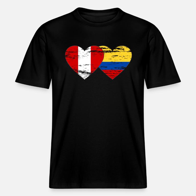Pérou Colombie drapeau coeur utilisé -  T-shirt unisexe RELAXED FIT en coton bio - noir