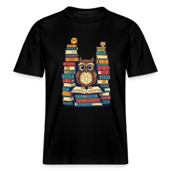 Bücher Eule Für Eulen Liebhaber Leseratte -  RELAXED FIT Unisex Organic T-Shirt - Schwarz - Vorne - Alina (178cm) & Michal (187cm)