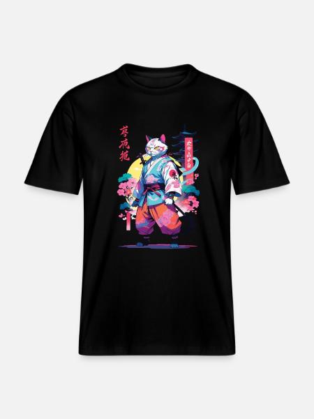 Samurai Cat Vaporwave Aesthetic -  RELAXED FIT Unisex Organic T-Shirt - black