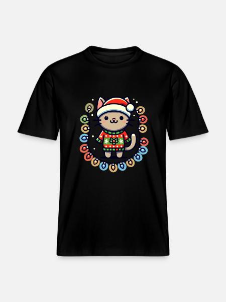 Christmas cat with fairy lights - RELAXED FIT Unisex Organic T-Shirt - black