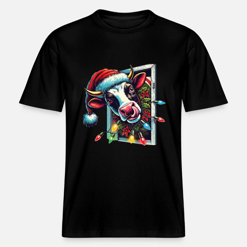 Lustige Weihnachtskuh Mit Lichtern -  RELAXED FIT Unisex Organic T-Shirt - Schwarz