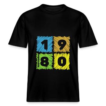 45. Geburtstag Farbige Patches since 09/1980 -  RELAXED FIT Unisex Organic T-Shirt - Schwarz - Vorne - Alina (178cm) & Michal (187cm)