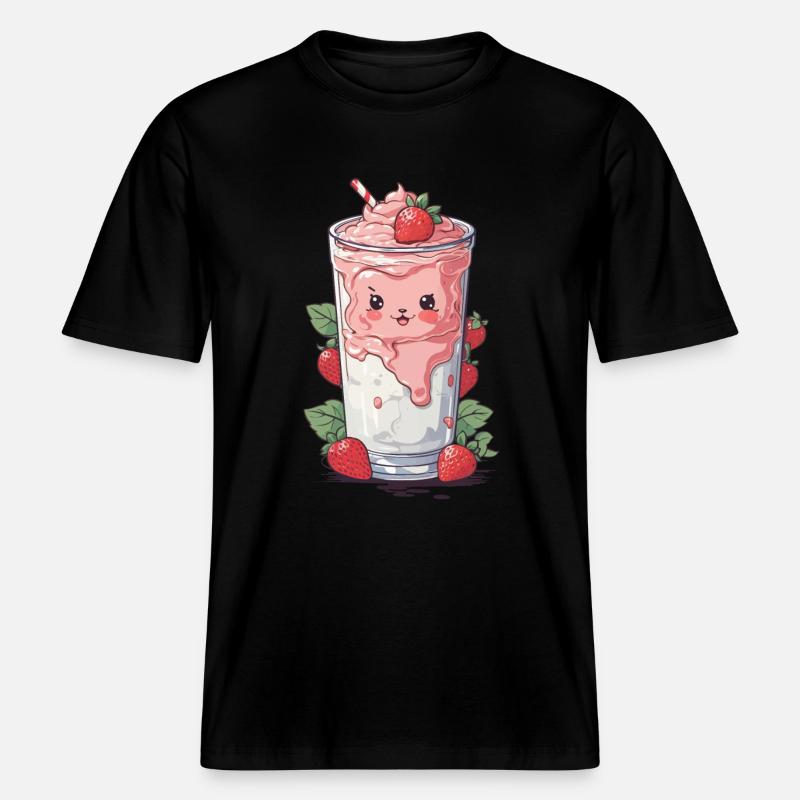 Fraises Mignon Milkshake Kawaii Fun -  T-shirt unisexe RELAXED FIT en coton bio - noir