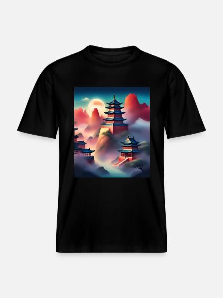 Japanese castles on mountains -  RELAXED FIT Unisex Organic T-Shirt - black