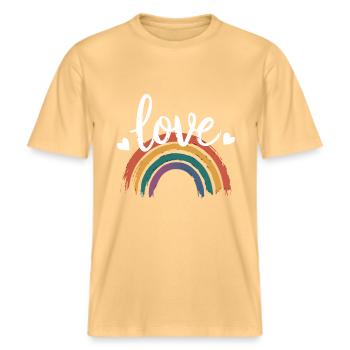 Love & Rainbow | LGBT Pride -  RELAXED FIT Unisex Organic T-Shirt - washed yellow - Front - Alina (178cm) & Michal (187cm)