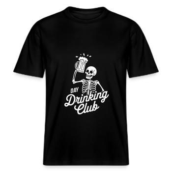 Day Drinking Club – esign mit Skelett und Bierkrug -  RELAXED FIT Unisex Organic T-Shirt - Schwarz - Vorne - Alina (178cm) & Michal (187cm)