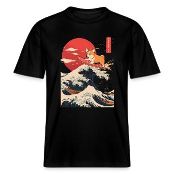 Corgi chien Hund Animal Japonais Surf Plage Vague -  T-shirt unisexe RELAXED FIT en coton bio - noir - Devant - Alina (178cm) & Michal (187cm)