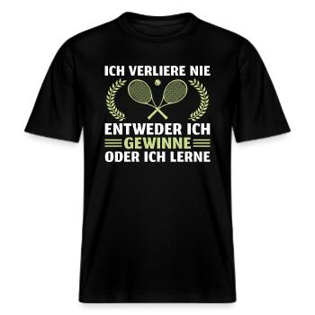 Tennis Ich verliere nie Tennisspieler -  RELAXED FIT Unisex Organic T-Shirt - Schwarz - Vorne - Alina (178cm) & Michal (187cm)