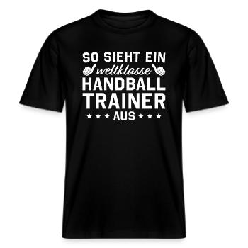 Handball Weltklasse Handballtrainer -  RELAXED FIT Unisex Organic T-Shirt - Schwarz - Vorne - Alina (178cm) & Michal (187cm)
