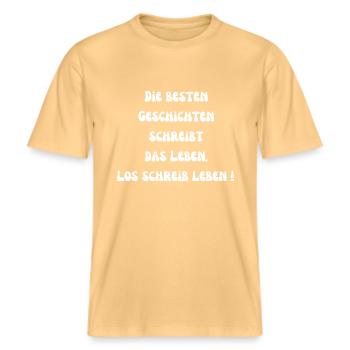 Schreib, Leben! -  RELAXED FIT Unisex Organic T-Shirt - Hellgelb - Vorne - Alina (178cm) & Michal (187cm)