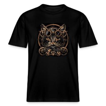 Steampunk Katze -  RELAXED FIT Unisex Organic T-Shirt - Schwarz - Vorne - Alina (178cm) & Michal (187cm)