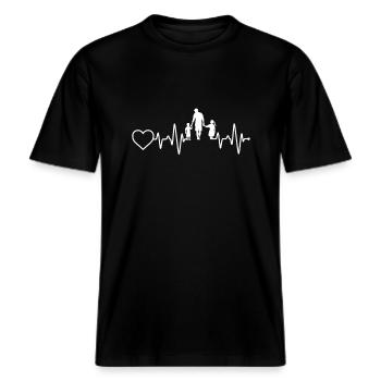 Vater Sohn und Tochter Herzschlag -  RELAXED FIT Unisex Organic T-Shirt - Schwarz - Vorne - Alina (178cm) & Michal (187cm)