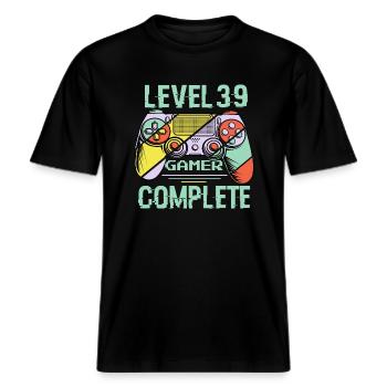 Level 39 Abschließen 39 Jahre alter Spieler Level 39 Abgeschlossen -  RELAXED FIT Unisex Organic T-Shirt - Schwarz - Vorne - Alina (178cm) & Michal (187cm)