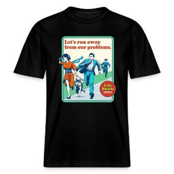 Let's Run Away from Our Problems Life Skills Retro -  RELAXED FIT Unisex Organic T-Shirt - black - Front - Alina (178cm) & Michal (187cm)