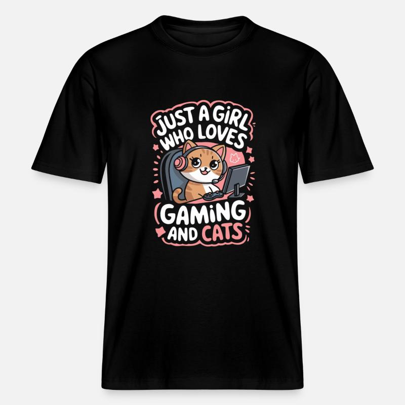 Gaming Computer Konsole Mädchen Katze -  RELAXED FIT Unisex Organic T-Shirt - Schwarz