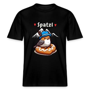 Bayern Spatzl Blau-Weiß Berge Lebkuchenherz Lustig -  RELAXED FIT Unisex Organic T-Shirt - Schwarz - Vorne - Alina (178cm) & Michal (187cm)