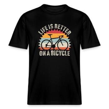 Das Leben ist besser auf einem Fahrrad T-Shirt Fahrrad Fahrrad -  RELAXED FIT Unisex Organic T-Shirt - Schwarz - Vorne - Alina (178cm) & Michal (187cm)