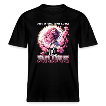 AnimeJapan Just a Girl Who Loves Anime Manga Comic -  RELAXED FIT Unisex Organic T-Shirt - Schwarz - Vorne - Alina (178cm) & Michal (187cm)