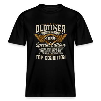 Oldtimer 1984 Jahrgang geboren Geburtstag Geschenk -  RELAXED FIT Unisex Organic T-Shirt - Schwarz - Vorne - Alina (178cm) & Michal (187cm)