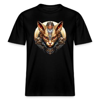 Sphinx Cat -  RELAXED FIT Unisex Organic T-Shirt - black - Front - Alina (178cm) & Michal (187cm)