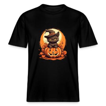 Katzen Halloween Kürbis Katzen Liebhaber -  RELAXED FIT Unisex Organic T-Shirt - Schwarz - Vorne - Alina (178cm) & Michal (187cm)