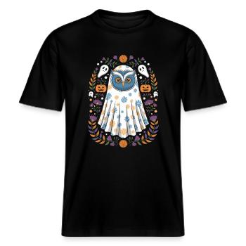 Halloween owl dressed up with ghosts and -  RELAXED FIT Unisex Organic T-Shirt - black - Front - Alina (178cm) & Michal (187cm)