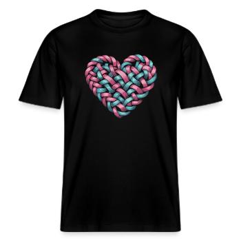 Zopfmuster Herzform Herz -  RELAXED FIT Unisex Organic T-Shirt - Schwarz - Vorne - Alina (178cm) & Michal (187cm)