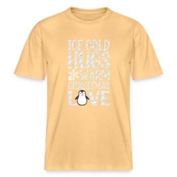 Penguin Christmas Cold Hugs Warmth -  RELAXED FIT Unisex Organic T-Shirt - washed yellow - Front - Alina (178cm) & Michal (187cm)
