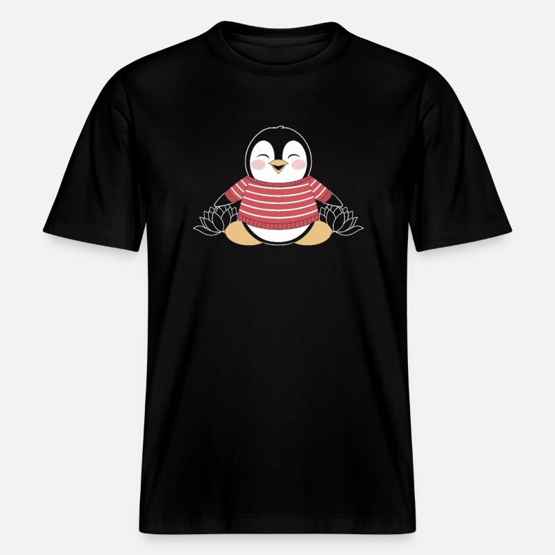 Meditierender Pinguin im Streifenpullover - RELAXED FIT Unisex Organic T-Shirt - Schwarz