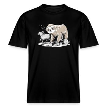 Widder Sternzeichen Soth mit Faultier und Ziege -  RELAXED FIT Unisex Organic T-Shirt - Schwarz - Vorne - Alina (178cm) & Michal (187cm)