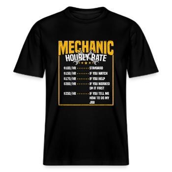 TAUX HORAIRE MÉCANICIEN -  T-shirt unisexe RELAXED FIT en coton bio - noir - Devant - Alina (178cm) & Michal (187cm)