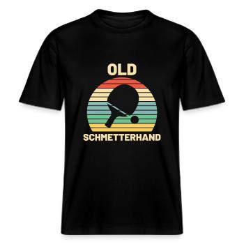 Old Schmetterhand Tischtennis Geschenk -  RELAXED FIT Unisex Organic T-Shirt - Schwarz - Vorne - Alina (178cm) & Michal (187cm)