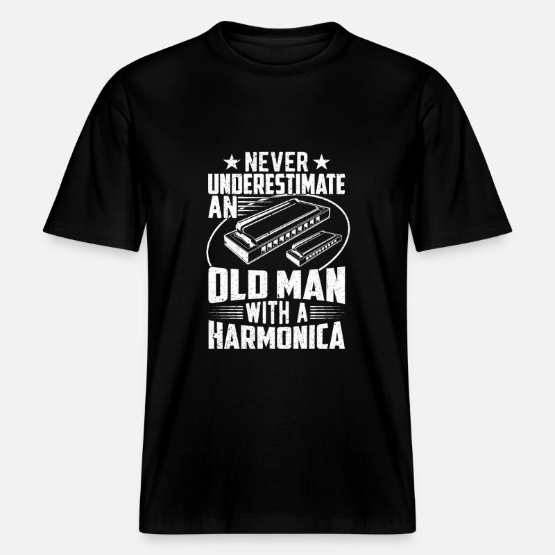 Old Man With A Harmonica - RELAXED FIT Unisex Organic T-Shirt - black