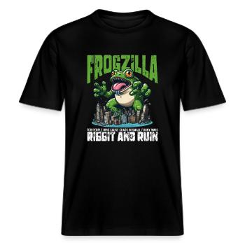 RIBBIT ET RUINE - FROGZILLA -  T-shirt unisexe RELAXED FIT en coton bio - noir - Devant - Alina (178cm) & Michal (187cm)