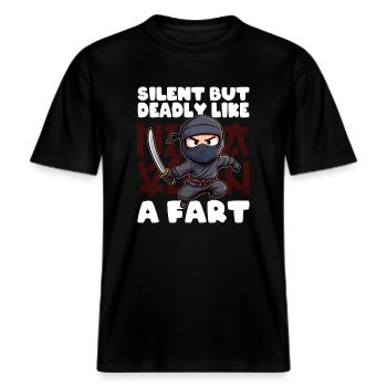 LAUTLOS, ABER TÖDLICH WIE EIN FURZ -  RELAXED FIT Unisex Organic T-Shirt - Schwarz - Vorne - Alina (178cm) & Michal (187cm)