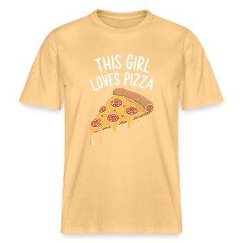 Pizza Spruch Witz Pizzeria Lustiges Pizza Geschenk -  RELAXED FIT Unisex Organic T-Shirt - Hellgelb - Vorne - Alina (178cm) & Michal (187cm)