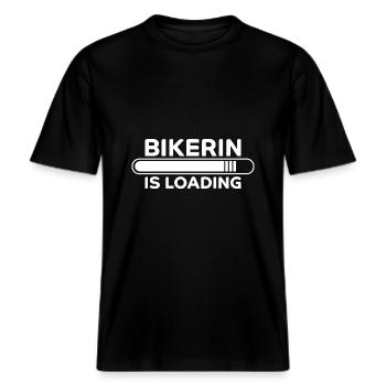 Bikerin Spruch Biker Lustiges Bikerin Geschenk -  RELAXED FIT Unisex Organic T-Shirt - Schwarz - Vorne - Alina (178cm) & Michal (187cm)
