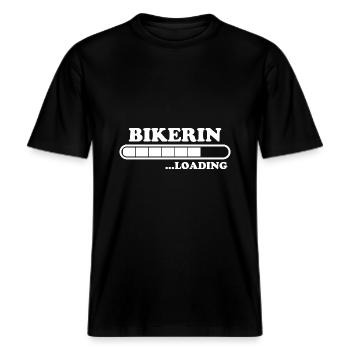 Bikerin Spruch Biker Lustiges Bikerin Geschenk -  RELAXED FIT Unisex Organic T-Shirt - Schwarz - Vorne - Alina (178cm) & Michal (187cm)