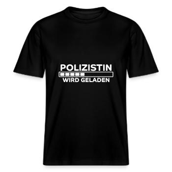 Polizistin Spruch Polizei Witz Polizistin Geschenk -  RELAXED FIT Unisex Organic T-Shirt - Schwarz - Vorne - Alina (178cm) & Michal (187cm)