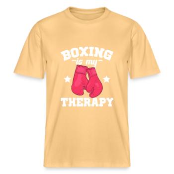 Boxing is my therapy Sparring sport -  RELAXED FIT Unisex Organic T-Shirt - washed yellow - Front - Alina (178cm) & Michal (187cm)