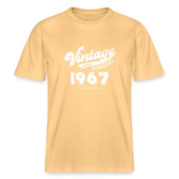 Vintage since February 1967 Geburtstag Geschenk -  RELAXED FIT Unisex Organic T-Shirt - Hellgelb - Vorne - Alina (178cm) & Michal (187cm)