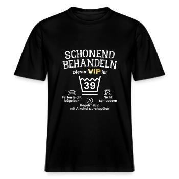 39. Geburtstag Schonend Behandeln 39 VIP ist 39 -  RELAXED FIT Unisex Organic T-Shirt - Schwarz - Vorne - Alina (178cm) & Michal (187cm)